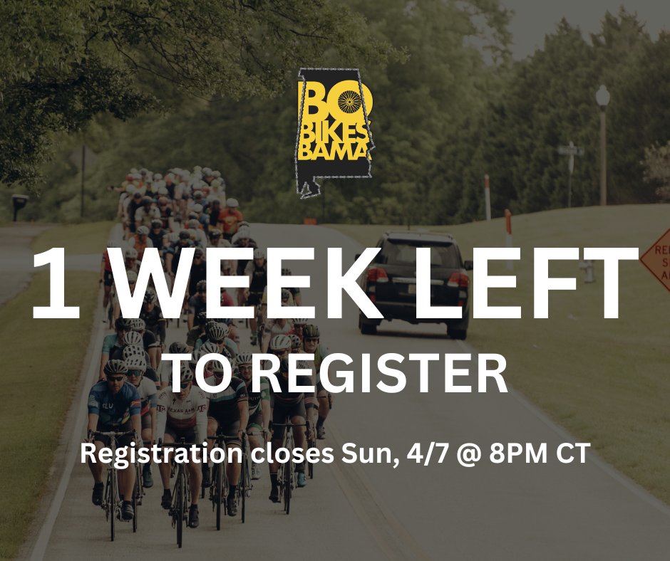 ⚠️1 WEEK LEFT TO REGISTER: Don't miss your chance to ride with @BoJackson in Auburn on 4/27 OR support thru any activity from home to support disaster relief and preparedness efforts. Register now: bobikesbama.com/the-ride/ride-…