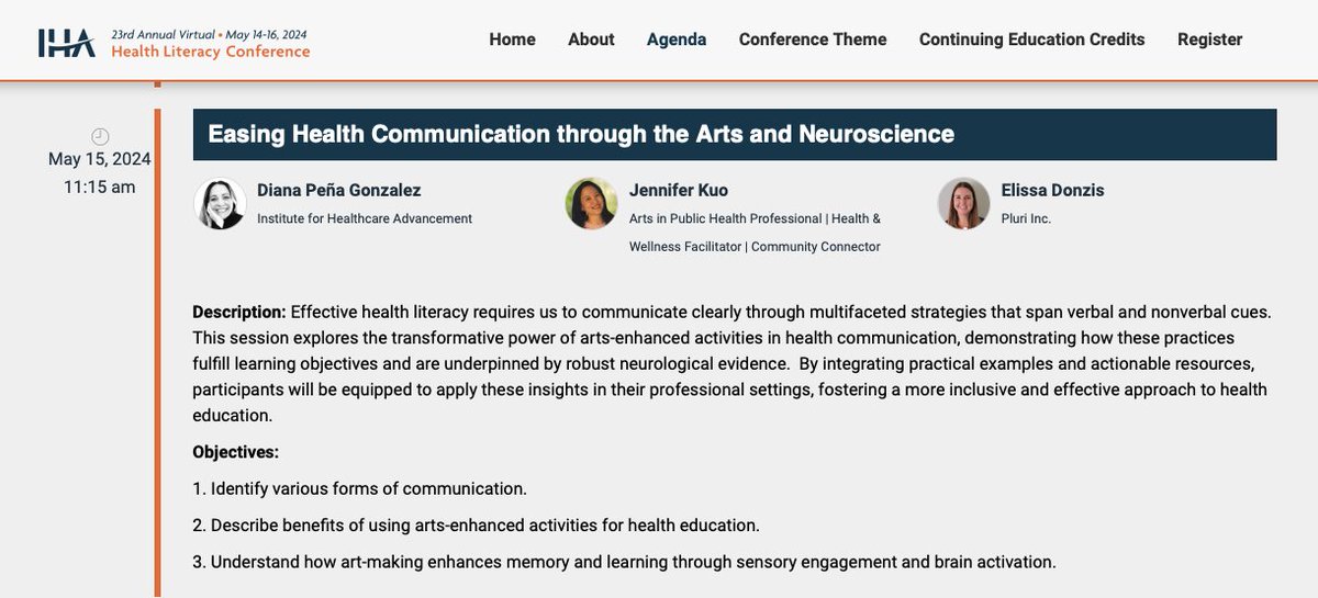 I'm looking forward to presenting at the Institute for Healthcare Advancement Conference on May 15, 2024: 'Easing Health Communication through the Arts & Neuroscience.' Learn more at ihaconf2024.vfairs.com/en/agenda-page. 

#healthcommunication #healthliteracy #artsinpublichealth #neuroscience