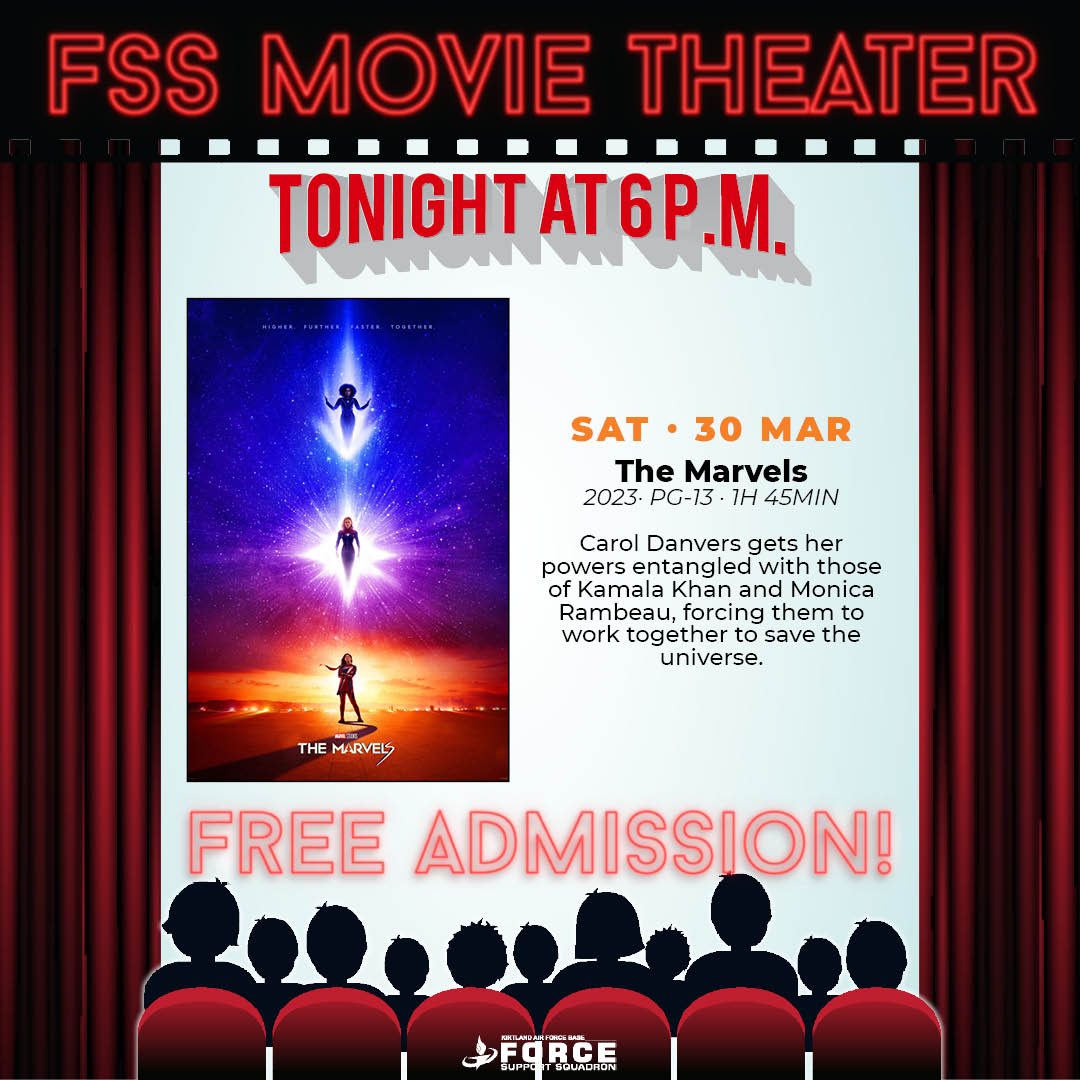 🎬🎬🦸‍♀️🦸‍♀️ Prepare for a cinematic event like no other, #TeamKirtland!
 'The Marvels' is coming to the big screen at the #FSSMovieTheater, bringing together your favorite superheroes in an electrifying adventure. 🦸‍♀️🦸‍♀️🎬🎬

kirtlandforcesupport.com/fss-movie-thea…

#377FSS #KirtlandForceSupport