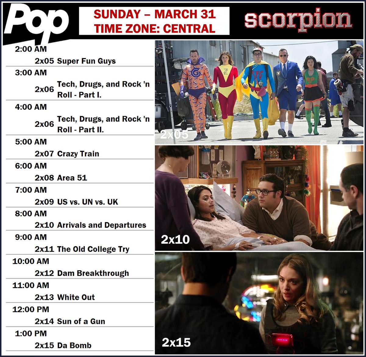 Scorpionfanint1's tweet image. Dear American fans, here is the schedule for tomorrow&apos;s Scorpion marathon on @PopTV.
Have fun with @ScorpionCBS! #scorpioncbs