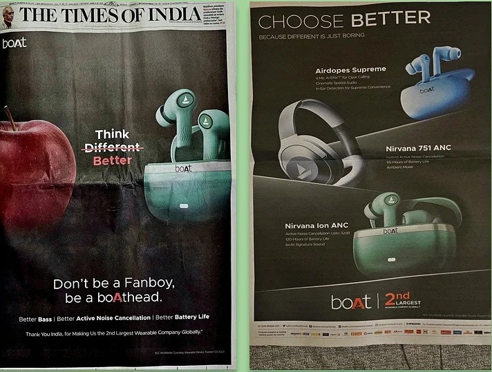 In a bold move, #boAt takes on #Apple with a new ad campaign! 🚀 Ditch the 'fanboy' label, embrace being a 'boAthead.' Check out their eye-catching film and Times of India print ad. 

#TechWars #ConsumerElectronics #AdCampaign #Innovation #BrandIdentity