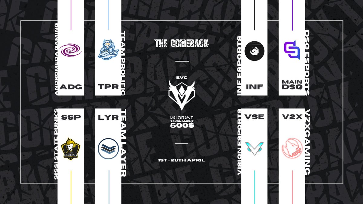 🔥Announcing the next 8 teams to compete in  
EVC | The COMEBACK -
--------------------  --------------------
@TeamProlificREY  | <a href="/AndromedaGGEU/">Andromeda Gaming</a>
--------------------  --------------------
<a href="/infesports_gg/">INF Esports</a>        | <a href="/DSQ_GG/">DSQ Esports</a>   
--------------------  --------------------
