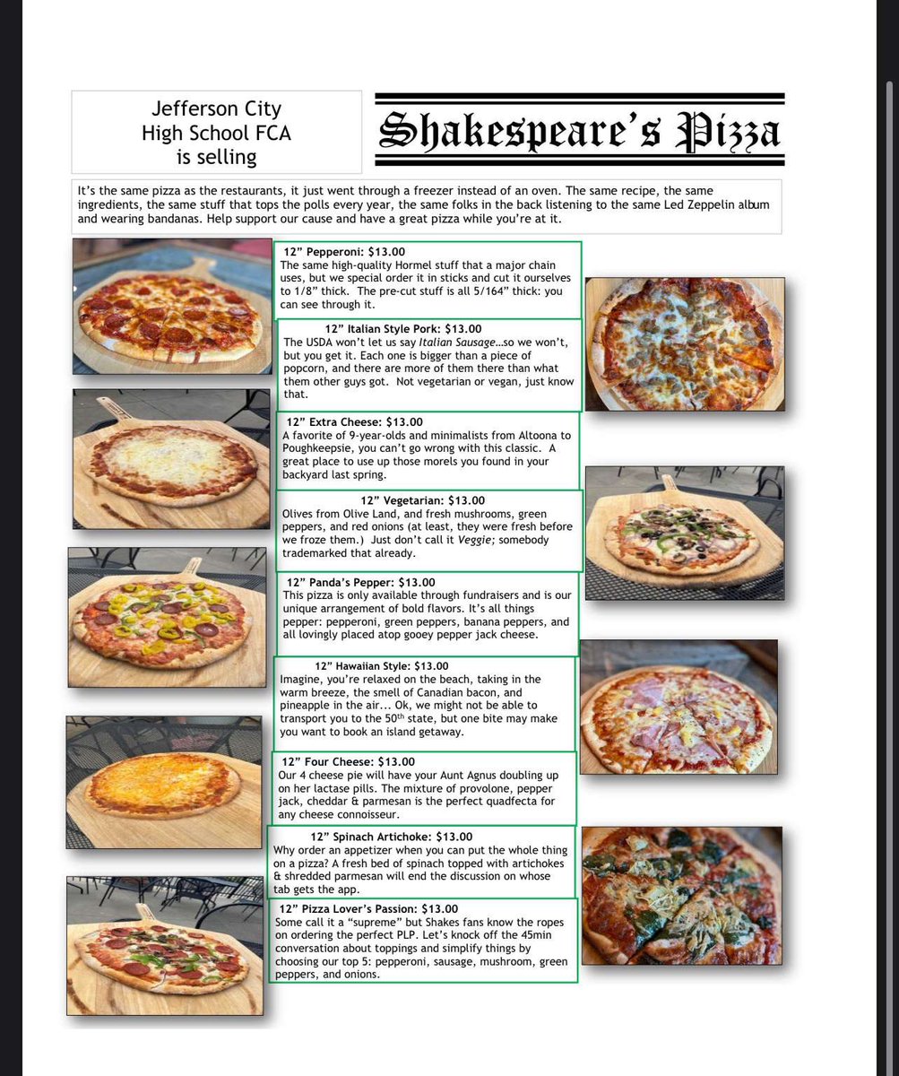 PIZZA SALES ENDING WEDNESDAY!!! 

Please contact any FCA member to order a SHAKESPEARE’S PIZZA for $13 to support JCHS FCA!