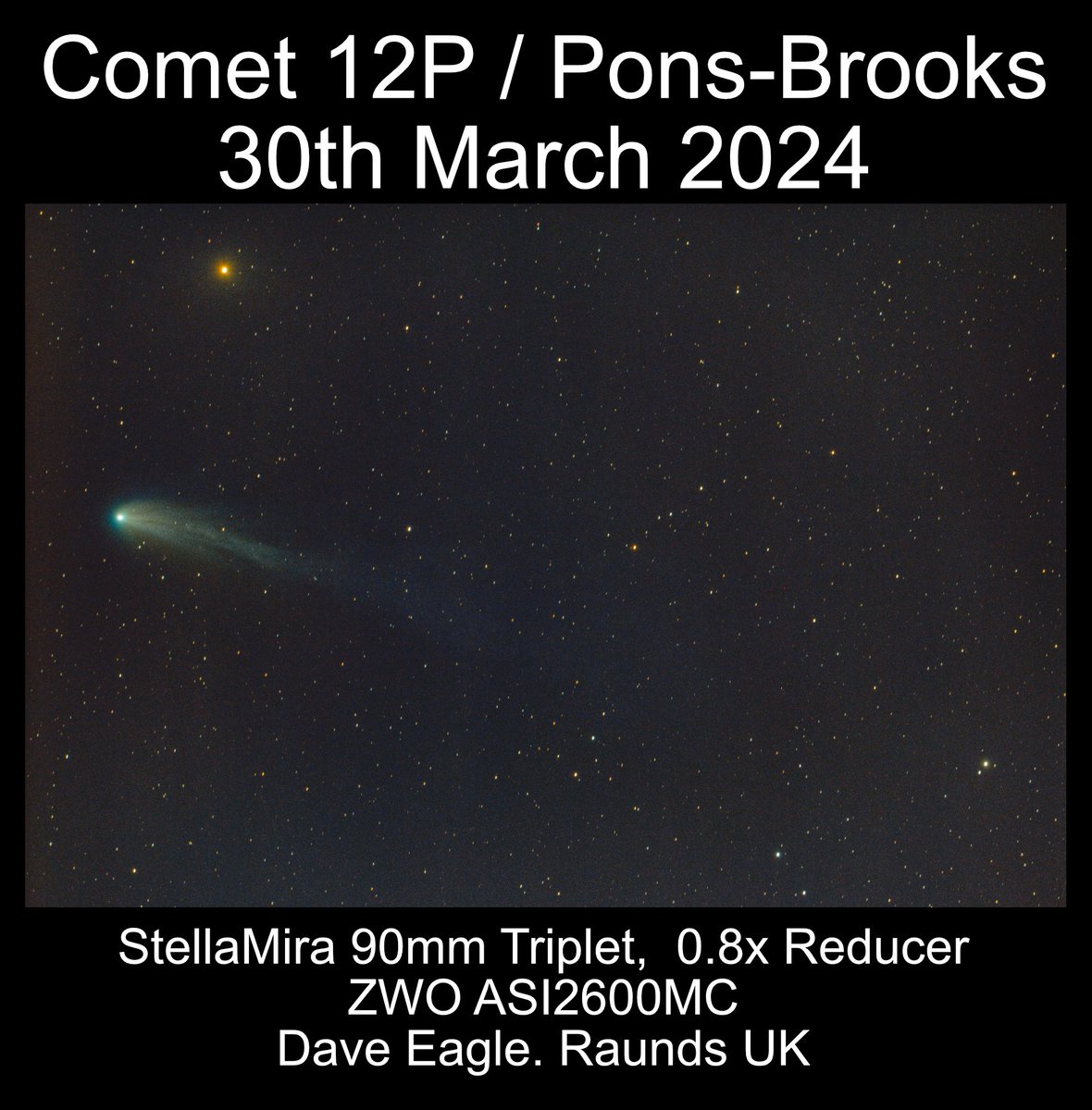 This evening's Comet 12P / Pons-Brooks. Had to go out in the wilds to get a decent low horizon, but interfering clouds only allowed me to catch a few sub-exposures of it close to the 2nd magnitude star Hamal in Aries. This is a very nice comet, but now getting a real challenge.
