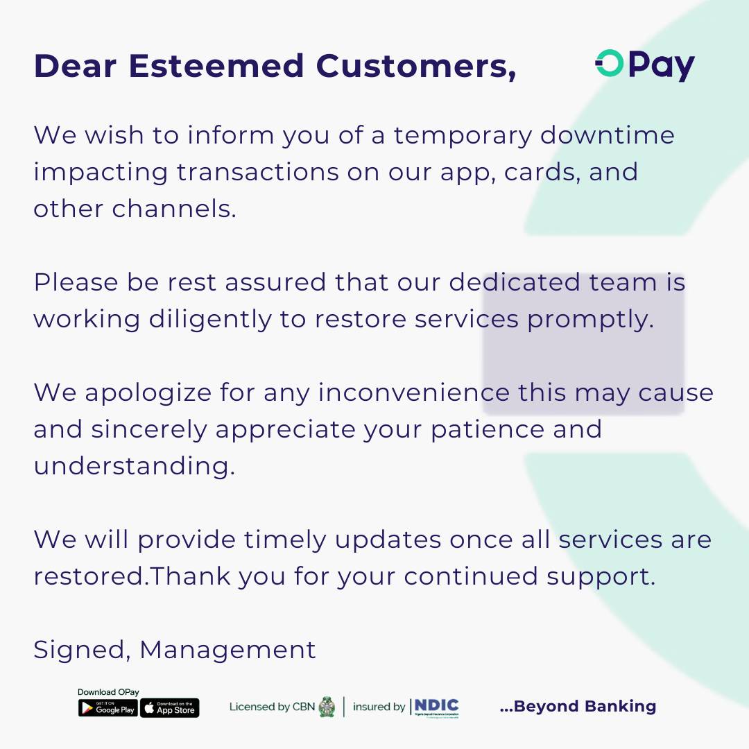 We sincerely apologize for the inconvenience. Kindly bear with us 🙏 #OPay