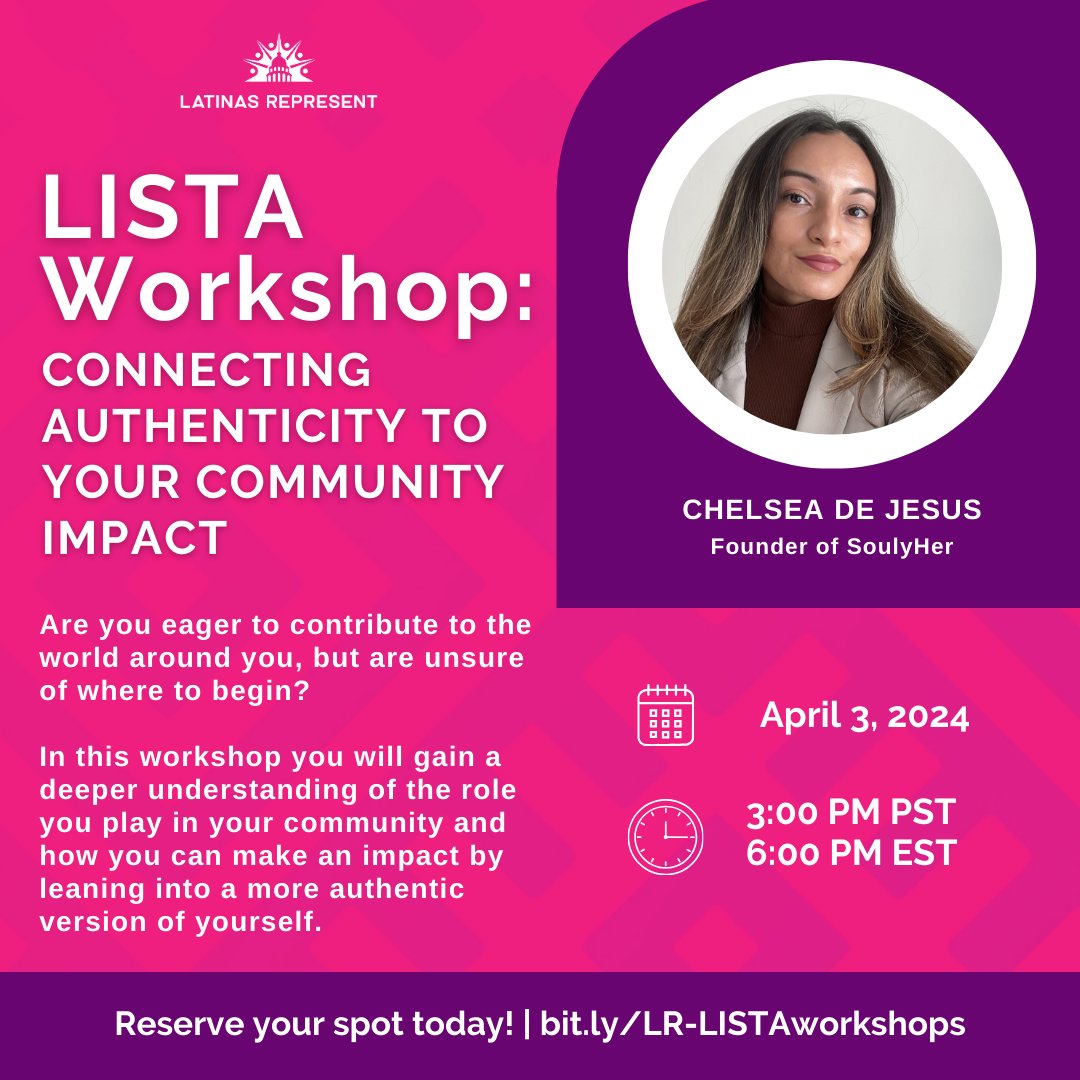 🌟 Ready to make a meaningful impact? Join @latinasrepresent’s LISTA Workshop on April 3rd to discover how to unleash your authentic self to create positive change in your community. Register today at: bit.ly/LR-LISTAworksh… #LatinasRepresent @LatinasRep