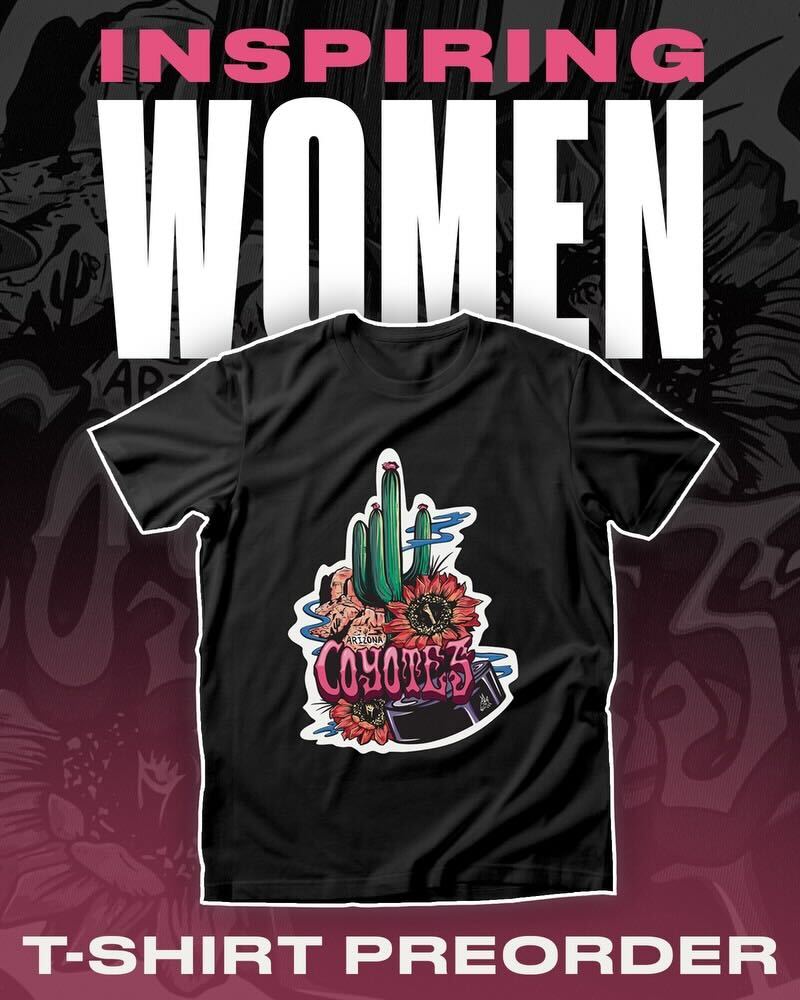 🗣The people have spoken! Now available, T-shirts in the style of the Coyotes Inspiring Women Night jerseys, which were designed by team graphic designer Skylar Eades. Pre-order here ➡️bit.ly/IWNTShirts