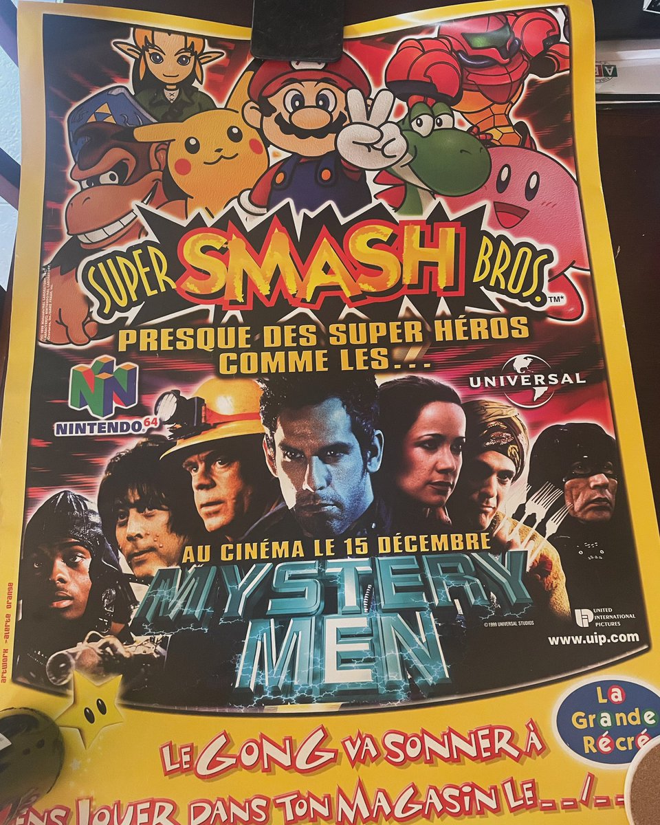 Super Smash bros 64 and Mystery Man crossover over promotional poster. #nintendo #universal  #supersmashbros #1999 #promotion #n64 #france #poster #collection #france #retrocollector