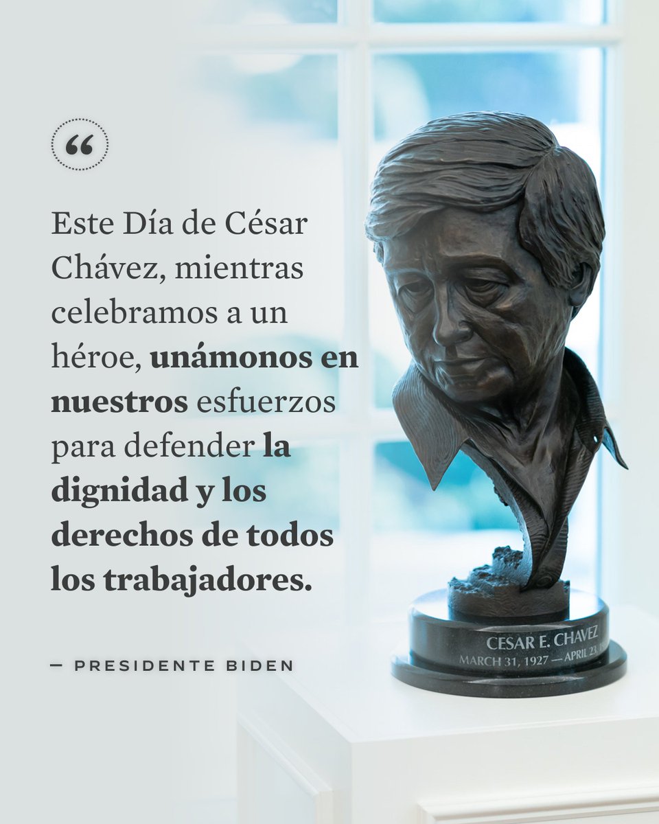 Hoy recordamos a César Chávez y sus nobles esfuerzos por llevar dignidad al trabajo de los trabajadores agrícolas en nuestro país. Su legado sigue vivo en los valores de la administración y su apoyo por la justicia social y la igualdad económica para los trabajadores organizados.