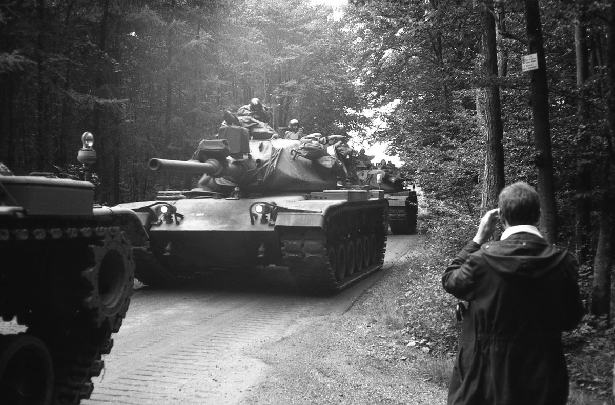 M60A1 tanks rolling through, my best guess, Western Germany.