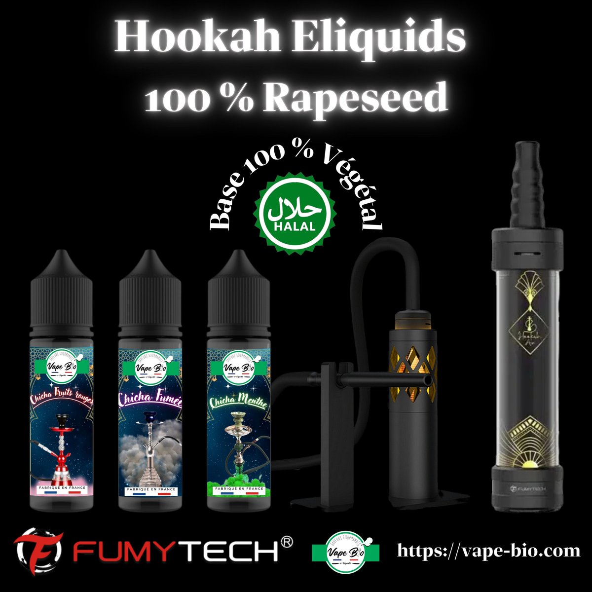 Les E-liquides Vape bio créés spécialement pour la E-Chicha Hookah air de chez Fumytech.  

The Vape bio E-liquids created especially for the E-Chicha Hookah air from Fumytech.  

يقدم لك Organic Vape انفجارًا في النكهة من خلال 4 أذواق لذيذة.  

VAPE-BIO.COM