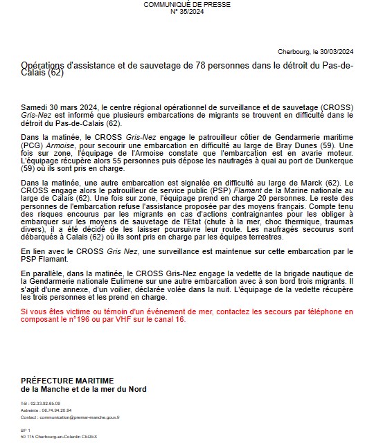 [#Opérations] d'assistance et de sauvetage de 78 personnes dans le détroit du Pas-de-Calais (62) avec la coordination du@CROSSGrisNez ➡️bit.ly/4axYZGZ