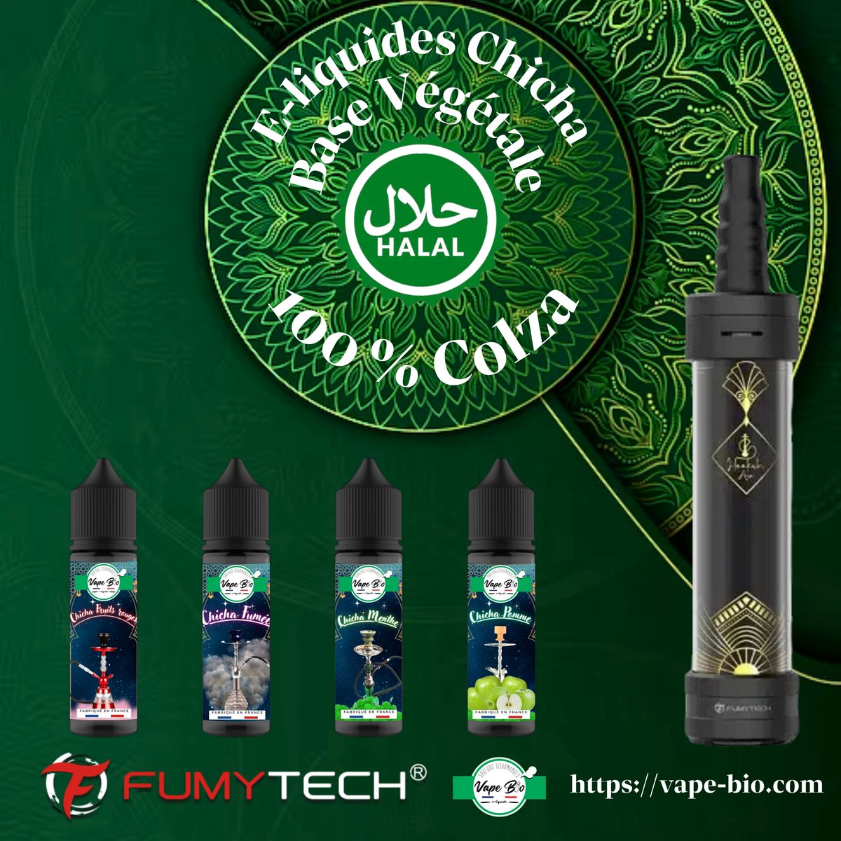 Les E-liquides Vape bio créés spécialement pour la E-Chicha Hookah air de chez Fumytech.

The Vape bio E-liquids created especially for the E-Chicha Hookah air from Fumytech.

يقدم لك Organic Vape انفجارًا في النكهة من خلال 4 أذواق لذيذة.

VAPE-BIO.COM