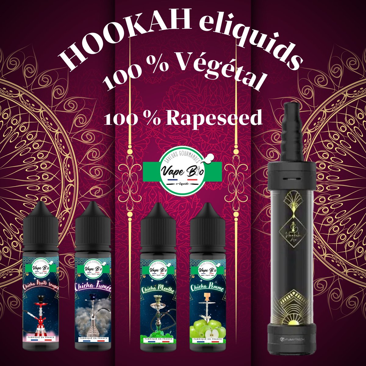 Les E-liquides Vape bio créés spécialement pour la E-Chicha Hookah air de chez Fumytech.  

The Vape bio E-liquids created especially for the E-Chicha Hookah air from Fumytech.  

يقدم لك Organic Vape انفجارًا في النكهة من خلال 4 أذواق لذيذة. 

 VAPE-BIO.COM