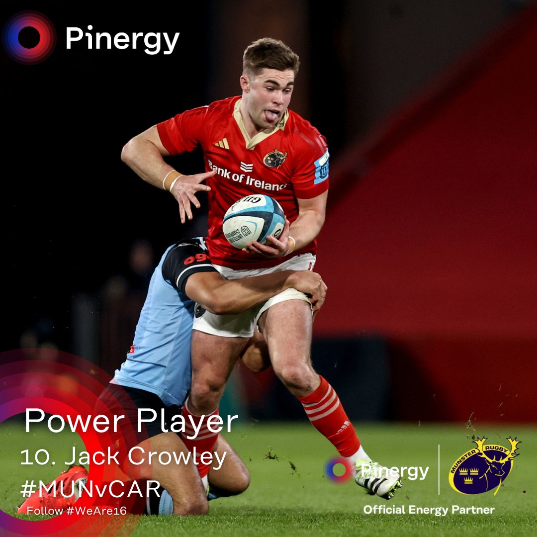 Jack Crowley was the Pinergy Power Player in @MunsterRugby's 20-15 win over Cardiff Blues. 

His performance included 14 carries, 7 defenders beaten, 13 tackles made with an 81.3% success rate, 1 offload, and 15 crucial points.

#MUNvCAR #SUAF🔴 #WeAre16 #SUAF #MunsterRugby #URC