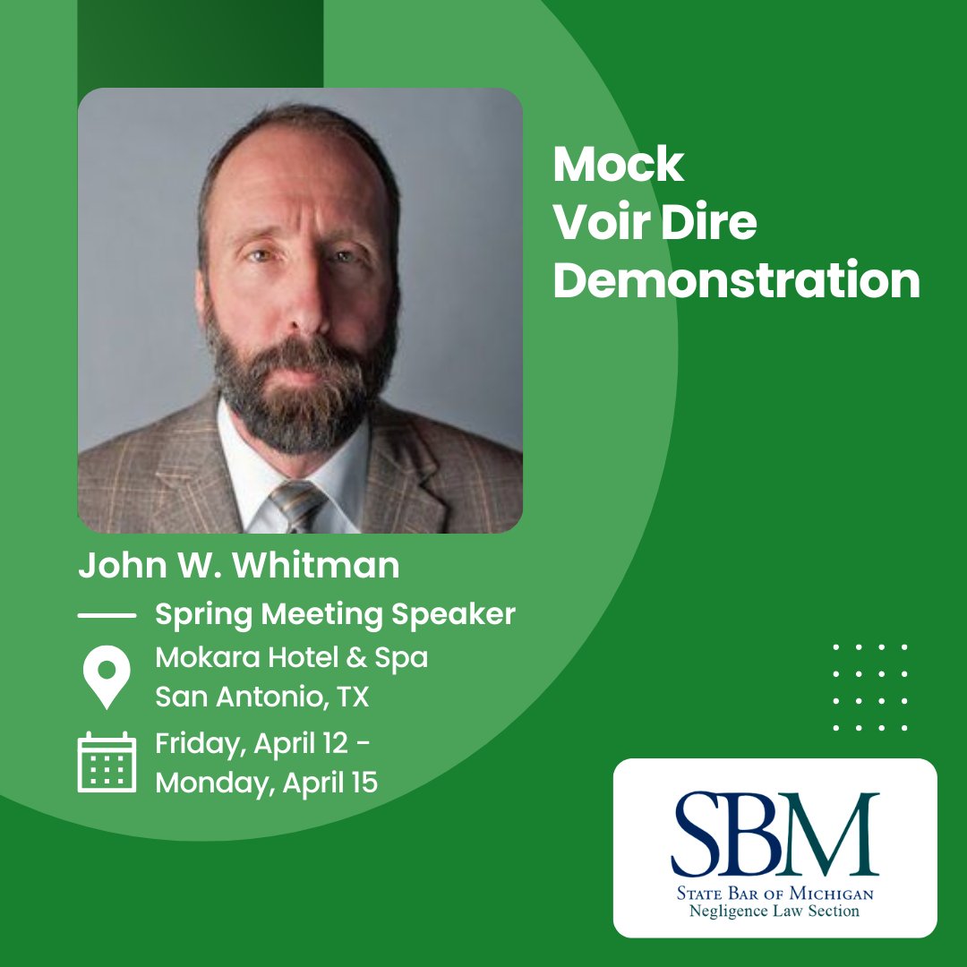 Dive into the art of jury selection with John Whitman from @GLM_Law at the Section's Annual 2024 Spring Meeting with a Mock Voir Dire Demonstration on how to make your case compelling. Be there from April 12-15: ow.ly/a2F550R02o7
-
#NegLaw #SpringMeeting2024
