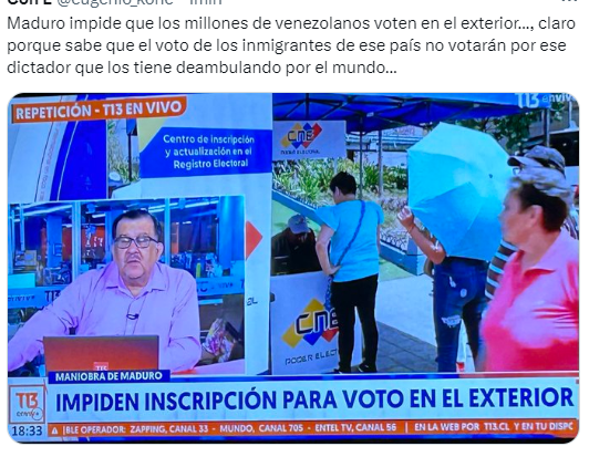 Iherreraa's tweet photo. Mas de 3 millones de Venezolanos que viven en el extranjero no podrán votar contra Maduro ya que impidió la inscripción para voto en el exterior.  Esta es la "democracia" de Maduro.  Algún comentario del PC en Chile? https://t.co/t5fSi56UgU