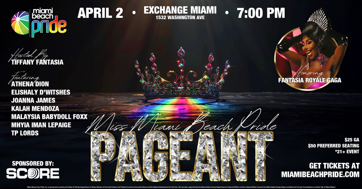 Wire Magazine (@wiremagazine) on Twitter photo MISS MIAMI BEACH PRIDE PAGEANT. April 2, 2024. Doors: 7pm at The Exchange. Join <a href="/MiamiBeachPride/">MiamiBeachPride</a>'s very own @Tiffanyfantasia and reigning Miss Miami Beach Pride @fantasiaroyalegaga as contestants strut down the runway as their most glamorous selves! Tkts: miamibeachpride.com MISS MIAMI BEACH PRIDE PAGEANT. April 2, 2024. Doors: 7pm at The Exchange. Join <a href="/MiamiBeachPride/">MiamiBeachPride</a>'s very own @Tiffanyfantasia and reigning Miss Miami Beach Pride @fantasiaroyalegaga as contestants strut down the runway as their most glamorous selves! Tkts: miamibeachpride.com