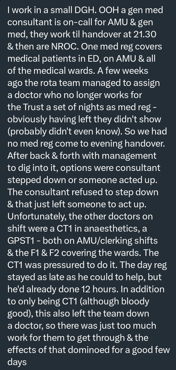 Asked to share anonymously.

These types of incidents aren't rare. Yet drs are vulnerable &amp; feel unable to speak up. Pressured &amp; bullied.

Emblematic of a crippling NHS a CT1 anaesthetist left to be the med reg at night unsupported.

This should never happen.

I'd be fuming.
