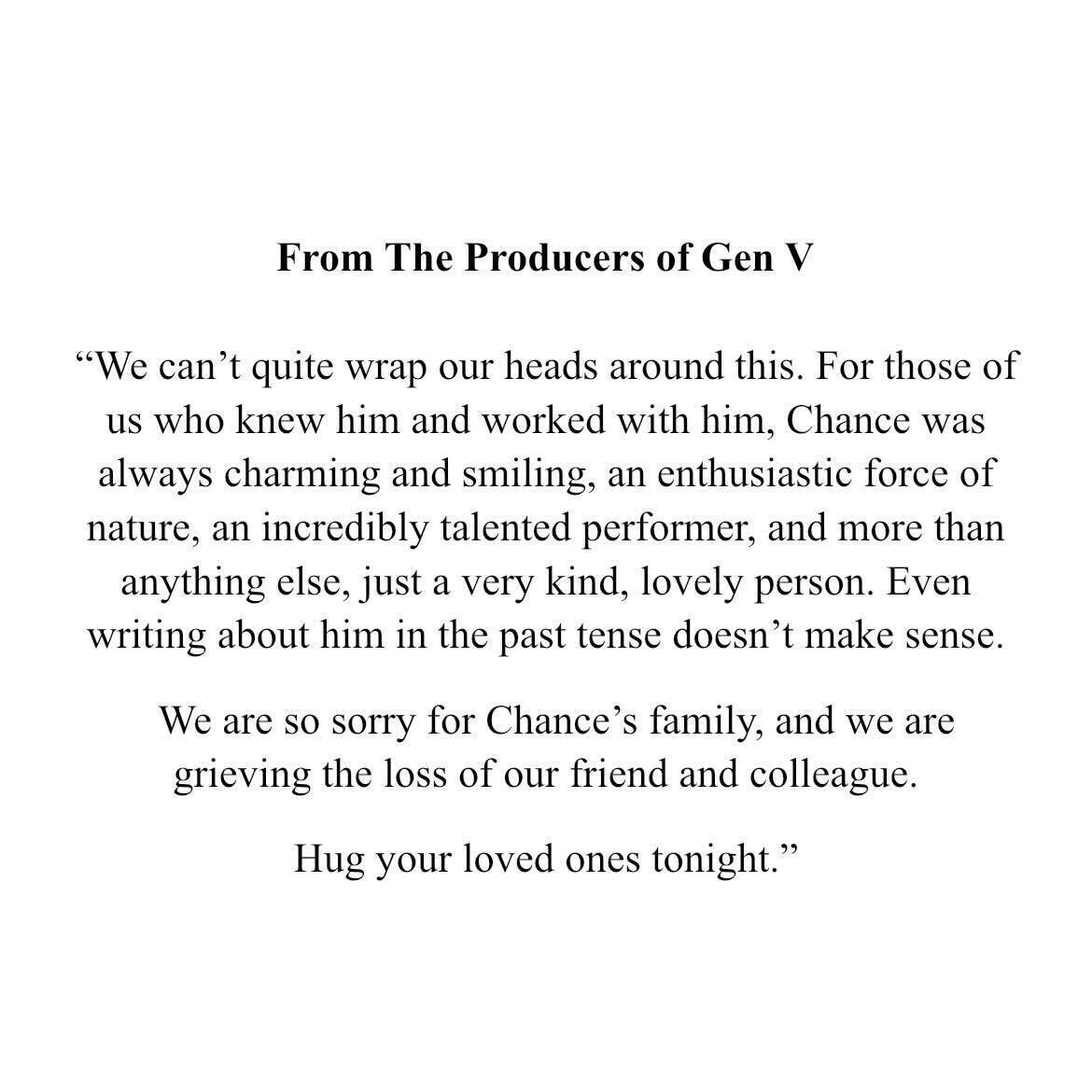 DiscussingFilm's tweet image. The producers of ‘GEN V’ have released a statement about Chance Perdomo’s tragic passing.

“We can’t quite wrap our heads around this… Even writing about him in the past tense doesn’t make sense”
