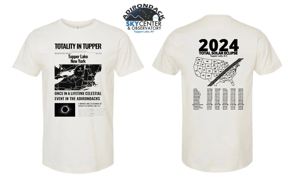 Totality in Tupper T-Shirt Style 2 😎 We will be fully stocked with both apparel and merchandise for the total solar eclipse. All proceeds from the sale of apparel and merchandise directly support the free public events during Totality in Tupper.