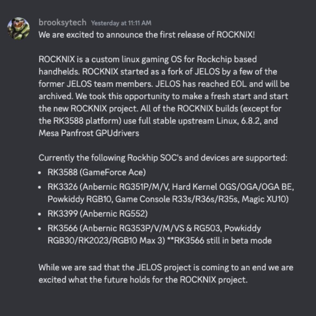 RetroGameCorps's tweet image. The JELOS custom firmware has been officially retired, former team members are now moving to a new project called ROCKNIX (Rockchip + Linux).  The JELOS discord has now been switched over to be the ROCKNIX discord.

The latest release is available here: github.com/ROCKNIX/distri…