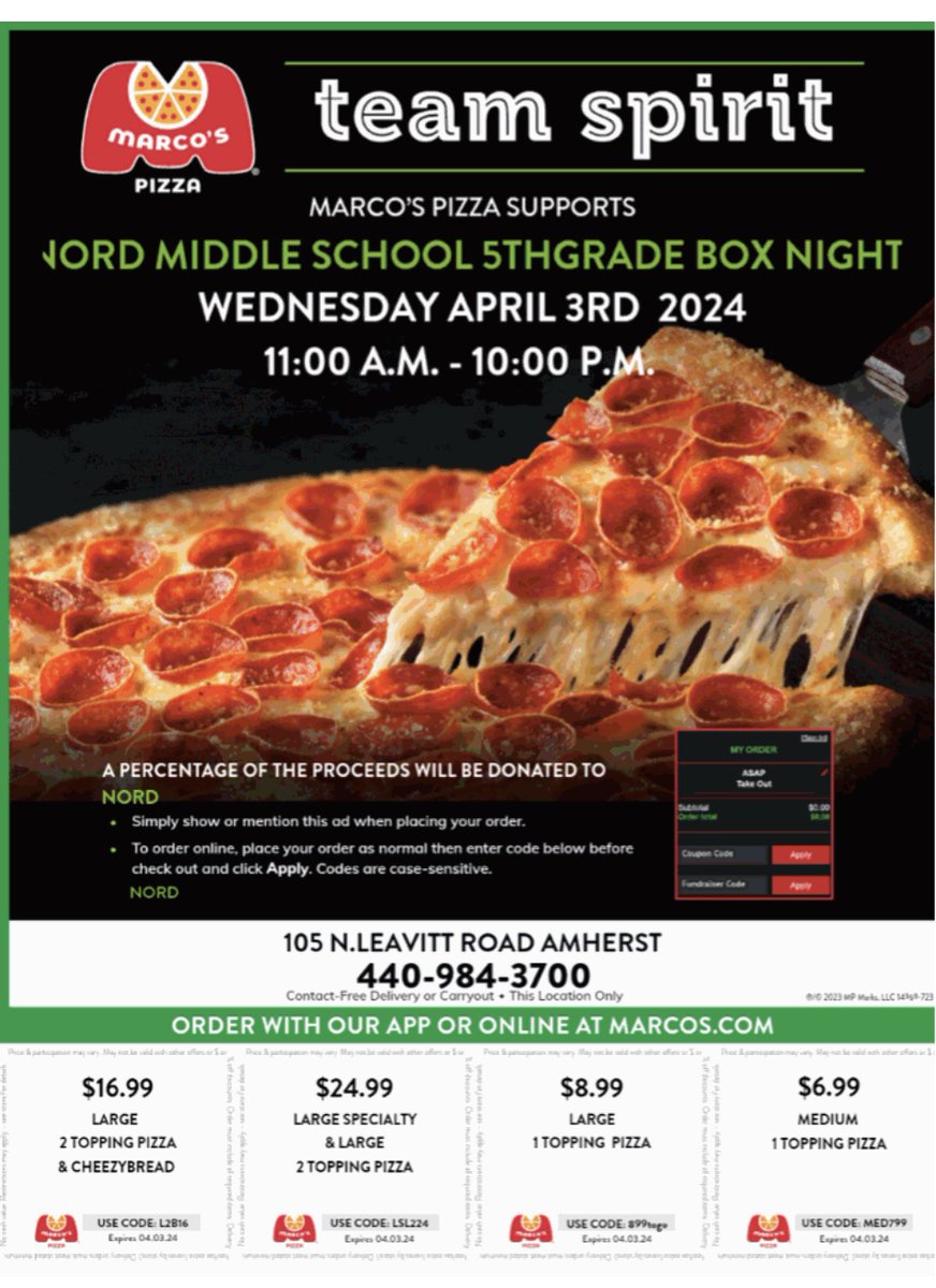 Nord PTO Marco’s 5th Grade Box Night 🍕 is tonight! All families are encouraged to participate & order delicious Marco’s Pizza, but only our 5th grade families will be able to get their pizza in a one of a kind box decorated by your student! 🍕