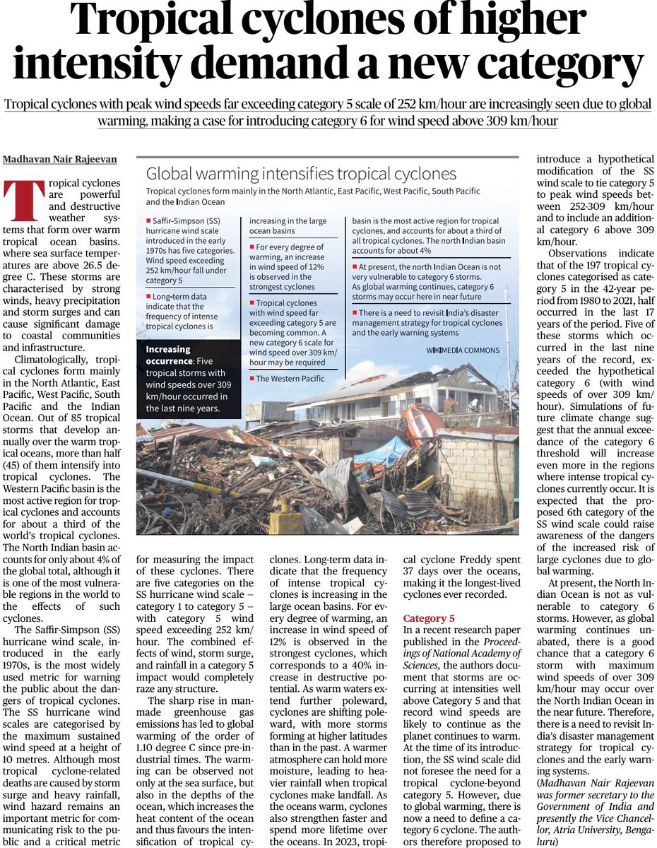 Global warming intensifies Tropical Cyclones (TC)! My article in today's HINDU why we need a new category-6 (wind > 309 km/hr) to warn people We already had five category-6 TCs & models suggest more in future climate Need to revisit early warning systems & Disaster Management.