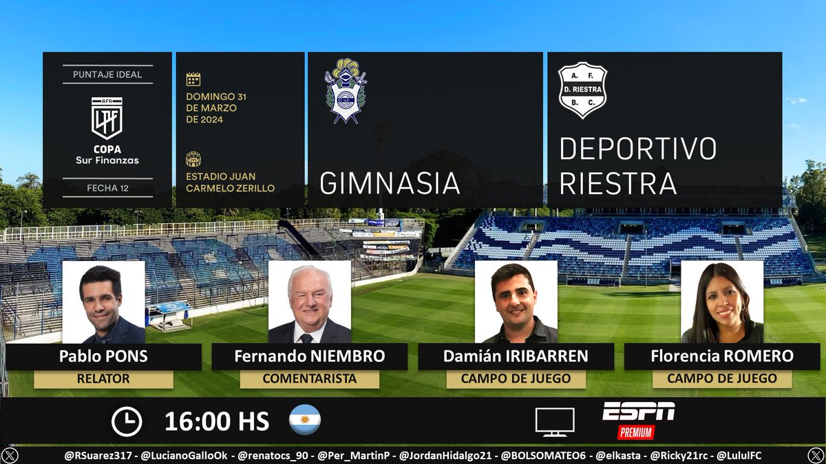 ⚽ #CopaDeLaLiga 🇦🇷 | #Gimnasia vs. #DeportivoRiestra 🎙 Relator: Pablo Pons (@pablobari) 🎙 Comentarista: Fernando Niembro 🎙 Campo de juego: @damianiribarren y @florjuy_ 📺 ESPN Premium 🇦🇷 🤳 #ESPNPremium - #PackFútbol Dale RT 🔃