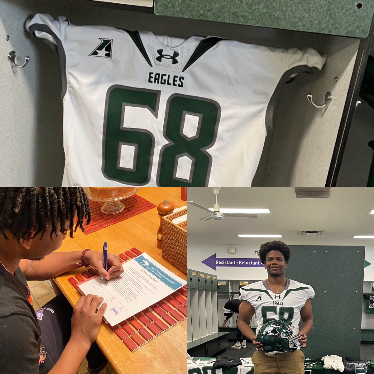 Making it official….signed 📝🏈 @CMUEaglesFB 🦅🟢⚪️ @CoachDaveBrown @CoachWareCMU @Coach_Lakes #RISEABOVE