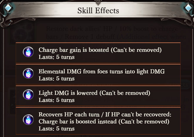 De La Fille's skills and stats, including the effect of Jeweled Protection. The ability has a 12 turn cooldown, and grants 5 turns of undispellable Charge Bar gain boosted, Light switch, Light dmg lowered, and Revitalize.