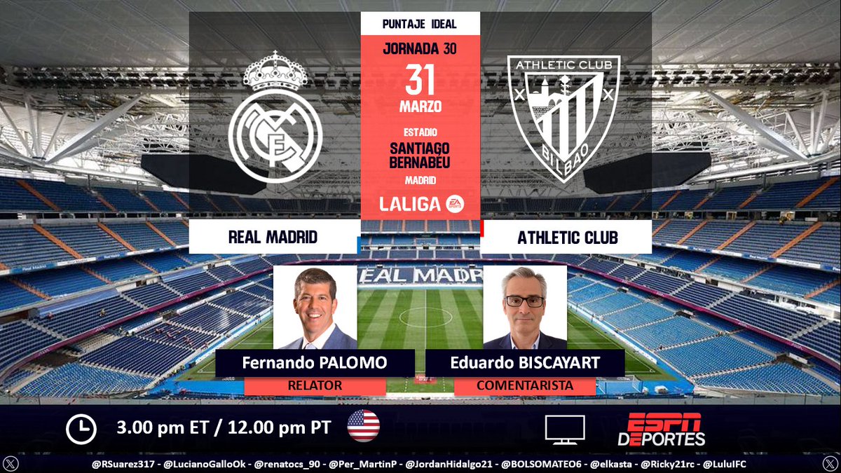 ⚽ #LaLiga 🇪🇸 | #RealMadrid vs. #AthleticClub 🎙 Relator: @fernandopalomo 🎙 Comentarista: @DonBisca 📺 @ESPNDeportes 🇺🇸 💻📱@ESPNPLUS 🇺🇸 🤳 #LaLigaxESPN - #RealMadridAthletic Dale RT 🔃