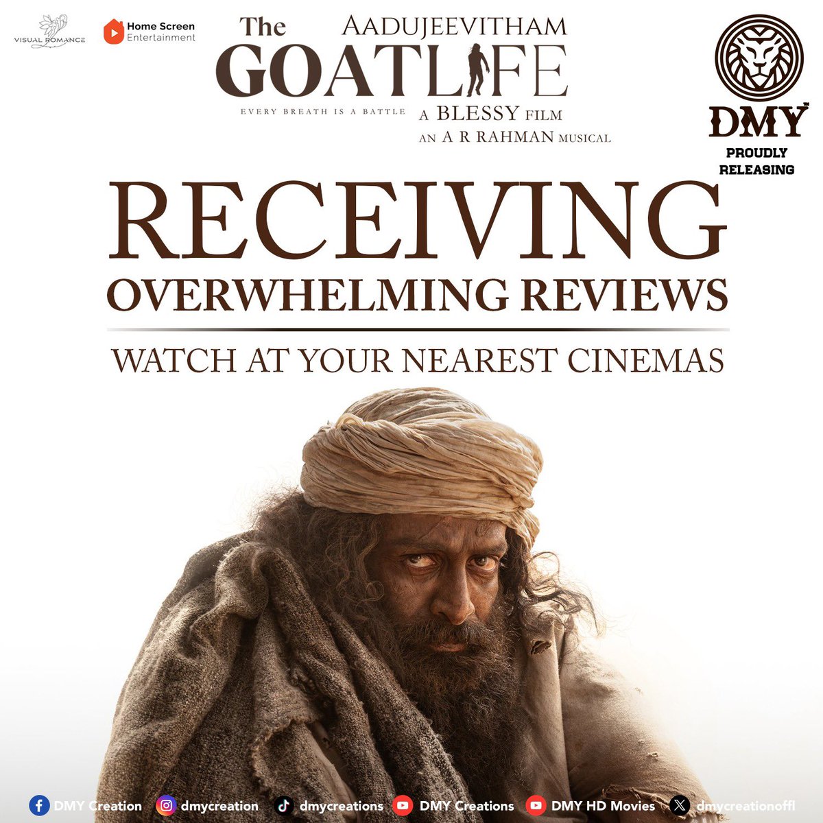 A tale that will leave you inspired 🔥 #Aadujeevitham receiving overwhelming reviews from audiences everywhere😍🏜️ Watch this masterpiece at your nearest cinemas🐐 @TheGoatLifeFilm @DirectorBlessy @benyamin_bh @arrahman @prithviofficial @Amala_ams @Haitianhero @rikaby @resulp