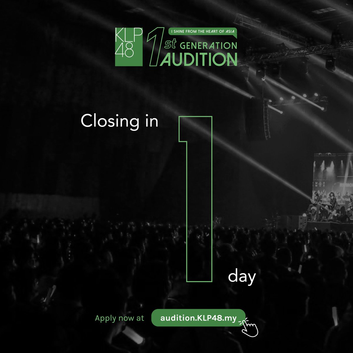 KLP48official's tweet photo. This is it. Just one more day. Time waits for no one. Apply now and make your dream of becoming a star a reality! 🌟💚
Submit Your Application: https://t.co/4TOi7Xe4OE
#KLP48 #KLP48Audition #IShineFromTheHeartofAsia #DreamToShine https://t.co/MLwvnFmka9