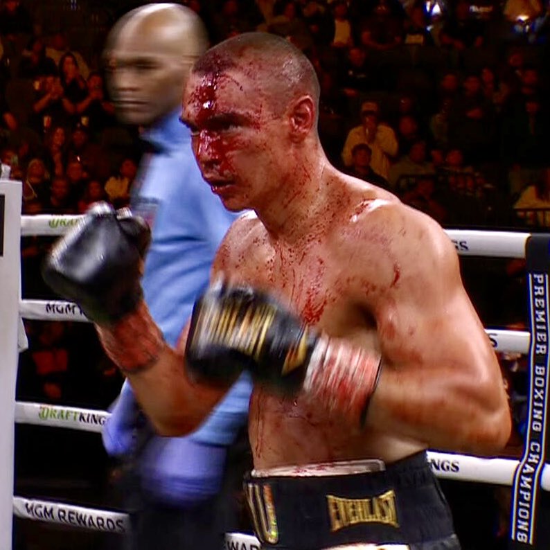 ringmagazine's tweet image. Tim Tszyu and Sebastian Fundora after just five rounds of their bloodbath fight…