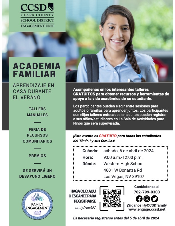 Join us at the next @CCSDFamily Academy! 📝 Enjoy a FREE workshop focusing on summer learning at home. Community resources, prizes & a light breakfast will be available. 📆: 4/6, 9 a.m.-12 p.m. 📍: Western High School, 4601 W. Bonanza Rd. REGISTER: weareccsd.net/49NgcMI.