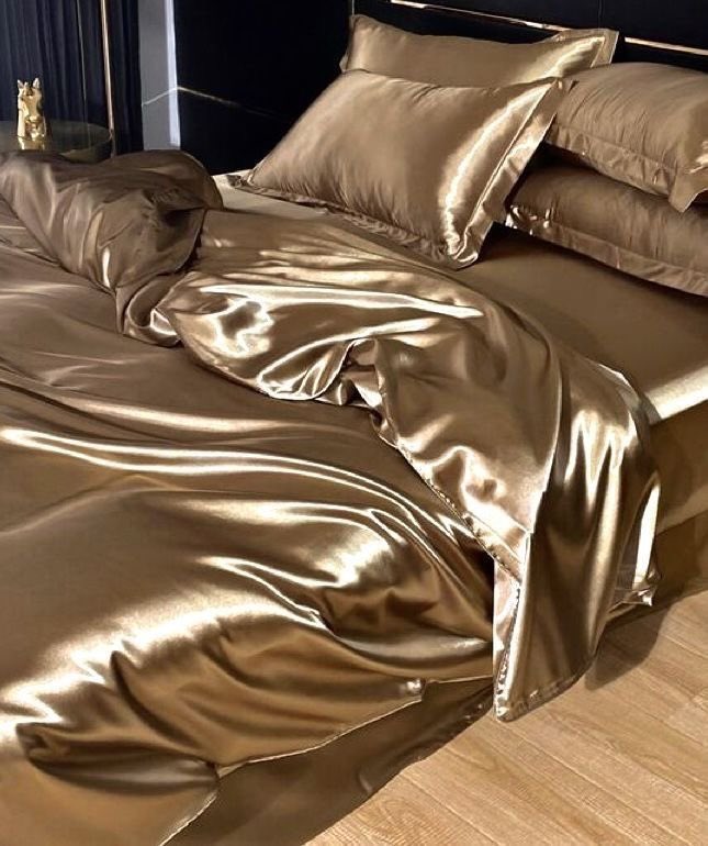 Gold satin bed.