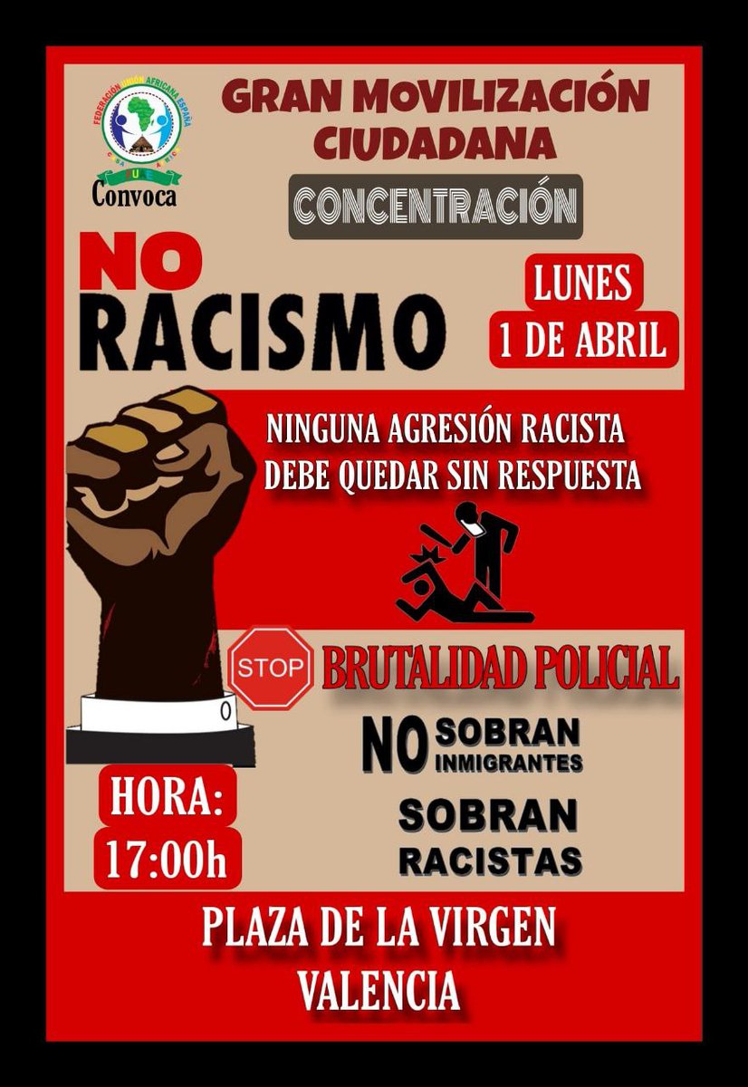 #Valencia Concentración para denunciar la violencia policial en Lavapies.

📅 Lunes 1 de Abril  
⏰17h
📍 Plaza de la Virgen

Contra el #RacismoInstitucional y la  violencia policial. 
#LasVidasNegrasImportan
#LasVidasMigrantesImportan
#StopRacismoPolicial