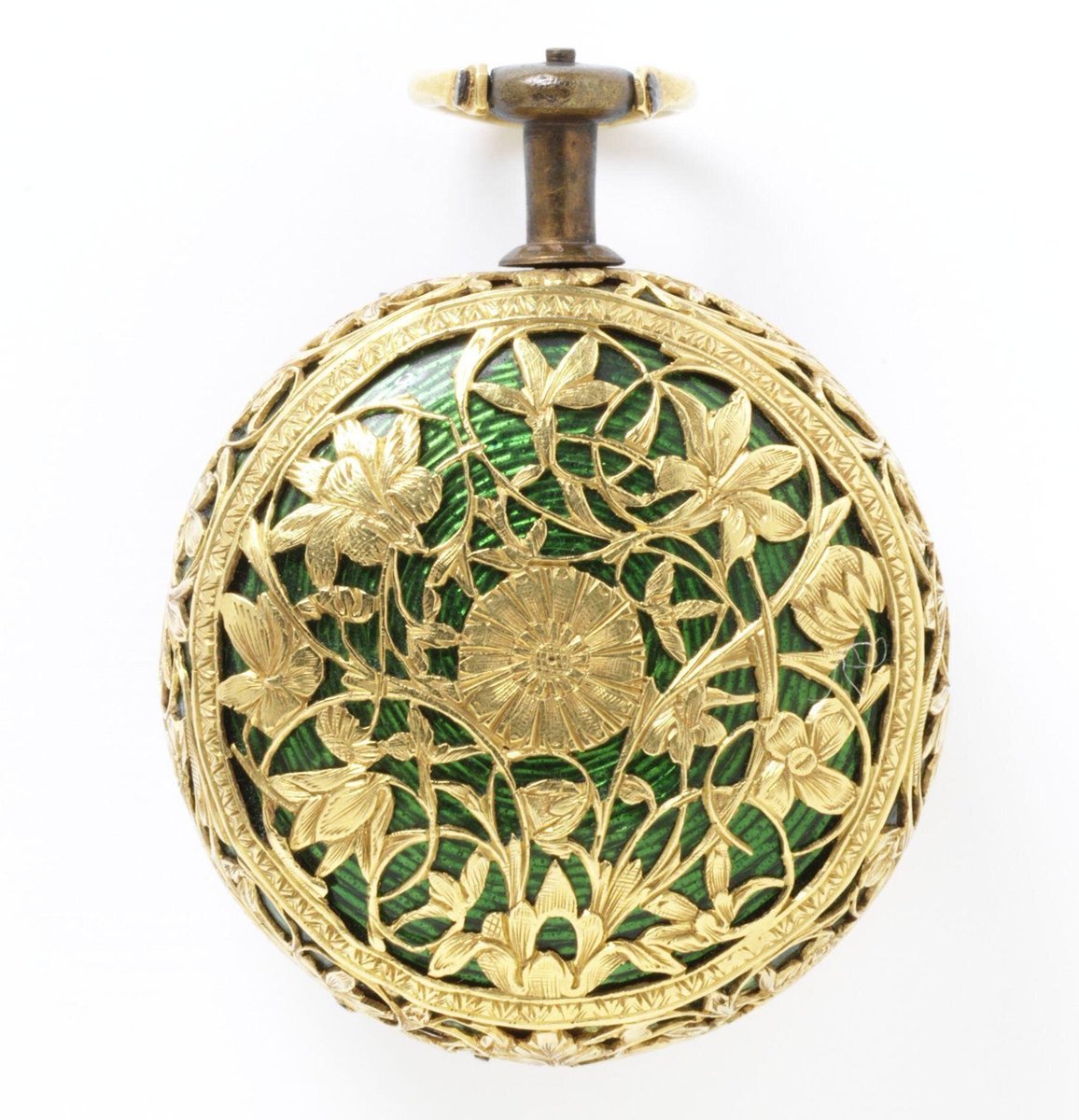 Vannacht gaat de klok een uur vooruit. Haags horloge van goud en emaille, gesigneerd 'Claude Pascal fecit A La Haye', 1650-75 collectie V &amp; A