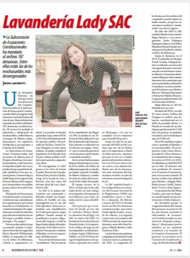 ensustrece's tweet photo. En #Hildebrandt @ensustrece: LAVANDERÍA LADY SAC por @brunoamoretti_. La Subcomisión de Acusaciones Constitucionales ha mandado al archivo 187 denuncias. Entre ellas están las de los mochasueldos más desvergonzados.
Una lavandería funciona sin descanso en las instalaciones del Congreso. Está montada en la Subcomisión de Acusaciones Constitucionales (SAC) y la regenta Lady Camones con el visto bueno del clan Acuña. Hasta la fecha han mandado al archivo definitivo 187 denuncias constitucionales. El servicio ha incluido el planchado y almidonado de mochasueldos, cuellos blancos, otorongos de distinto pelaje, funcionarios con aspiración de felpudos y, por supuesto, a la dueña de los Rolex. El reportaje en https://t.co/Yd2EU1qlZG.