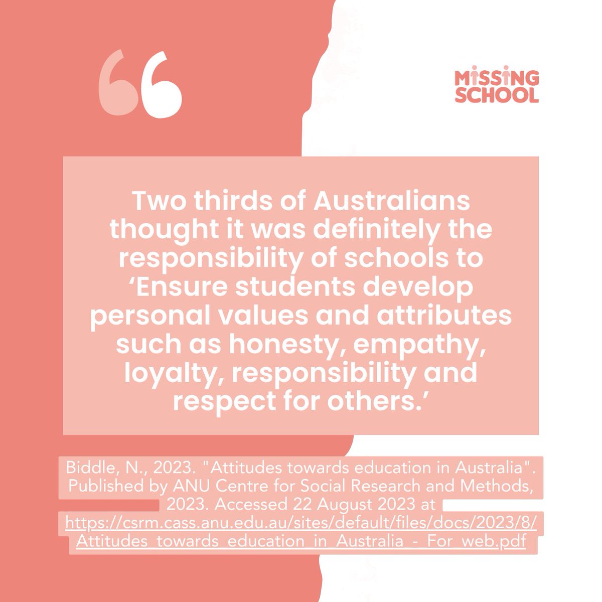 Did you know? Over two thirds of Australians role of schools to ‘Ensure students develop personal values and attributes such as honesty, empathy, loyalty, responsibility and respect for others.’ We must ensure every student can stay connected to their community. #seenandheard