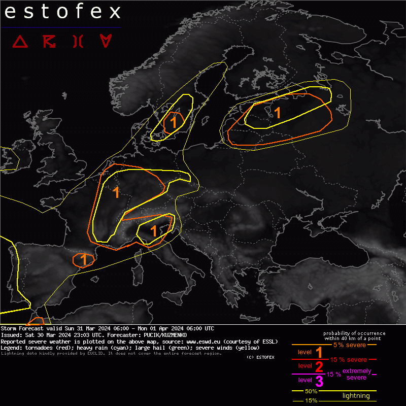 Numerous areas with potential for severe weather are forecast on Sunday. There are a number of uncertainties in many areas, including the effects of the dust on the solar insolation. Read more here: estofex.org/cgi-bin/polygo…