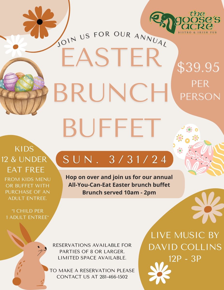TheGoosesAcre1's tweet photo. #AllYouCanEat 🐰
#Easter #Brunch 10A-2P
#KidsEatFree 12 &amp; Under
w/1 per paying Adult 

Special Menu 

#acoustic #music 12P-3P
#Mimosas #BloodyMarys

Brunch on #TheWaterway

#WoodlandsWaterway

#EasterBrunch 🥂#Brunching #EasterSunday #LiveMusic #breakfast #lunch #TheWoodlandsTX https://t.co/RqsMELkYBX