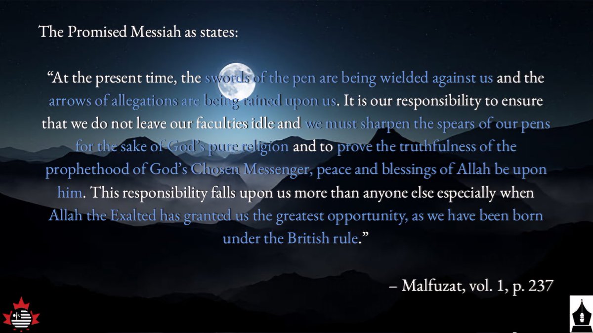 Muslim Writers Canada (@muslimwritersca) on Twitter photo MASQ Canada presents following quotation regarding the need for the Jihad of the Pen stated by the Promised Messiah (as)Β inΒ Malfuzat:
<a href="/AMYACanada/">Muslim Youth Canada</a>
#voicesforpeace #palestine #amyacanada #GazaConflict MASQ Canada presents following quotation regarding the need for the Jihad of the Pen stated by the Promised Messiah (as)Β inΒ Malfuzat:
<a href="/AMYACanada/">Muslim Youth Canada</a>
#voicesforpeace #palestine #amyacanada #GazaConflict