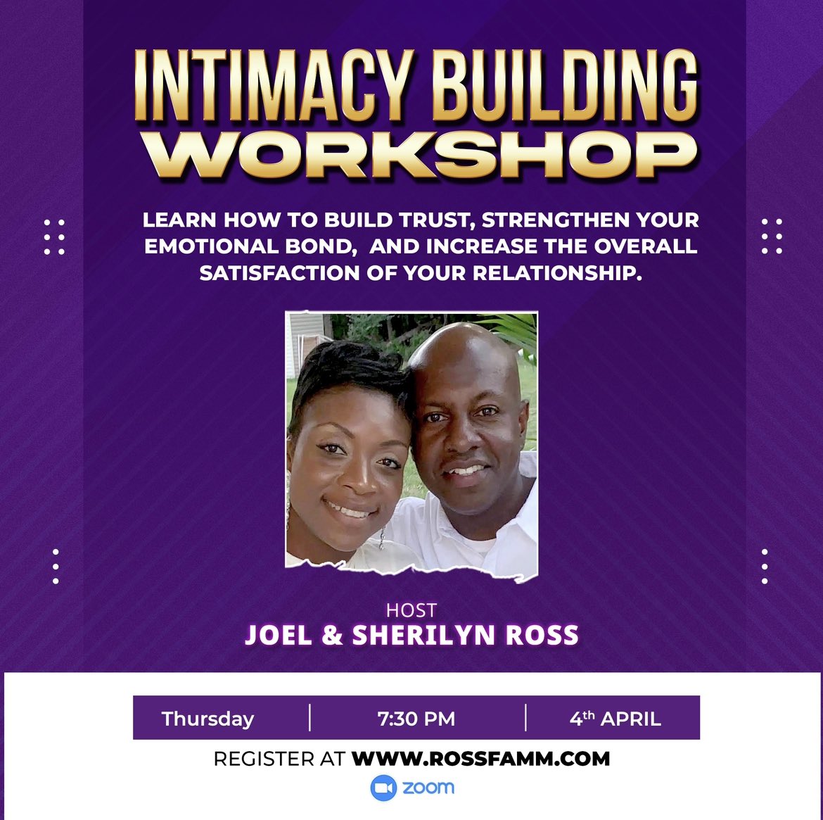 ATTENTION ALL COUPLES!!! 

This Thursday Night, Sherilyn &amp; I invite you to a powerful FREE virtual workshop that will impact your marriage tremendously. 
Register below &amp; receive free link to attend..
rossfamm.com/event-details/…