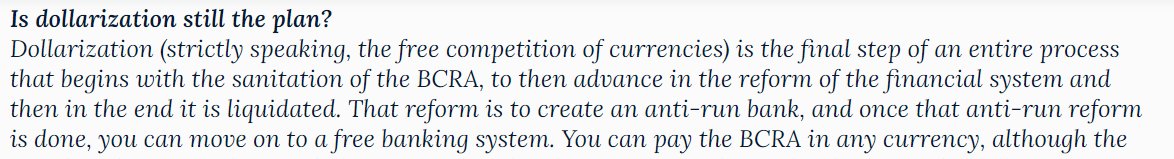In an interview last month [cenital.com/un-experimento…], Javier Milei said the following about dollarization. Does anyone know more about the plan to 'create an anti-run bank'? What does that mean?
