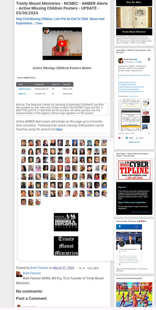 Trinity Mount Ministries - NCMEC - AMBER Alerts - Active Missing Children Posters - UPDATE - 03/30/2024

trinitymountministries.com/2024/03/trinit…

#TrinityMountMinistries #MissingChildren #NCMEC #CyberTipline #ReportChildAbuse #ReportCSAM #ChildSafety #OnlineSafety #BrettFletcher

Trinity Mount…