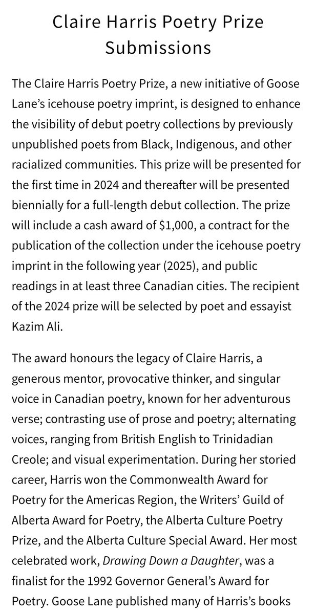 Folks, a reminder that @goose_lane's Claire Harris Prize for a debut collection by a BIPOC Canadian poet closes tomorrow night! This year's submissions will be judged by Kazim Ali. It's free to submit! Very honored to be part of the prize's founding. gooselane.com/pages/claire-h…
