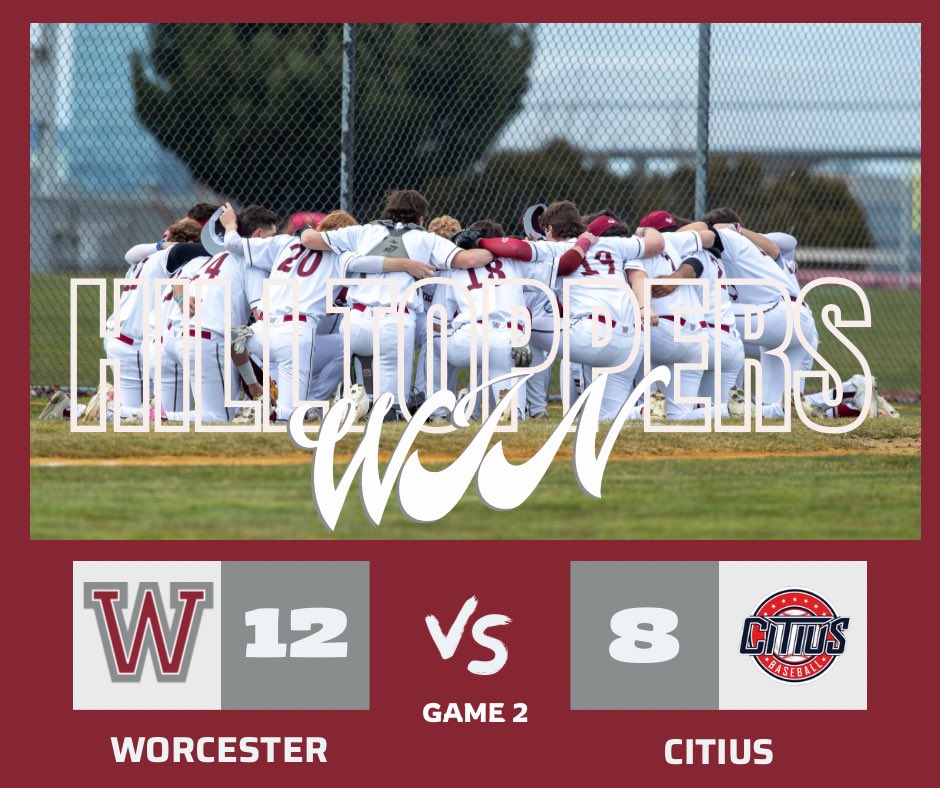 1 + 1 = 2 

Hilltoppers take ✌️ vs Citius

G1: 
• Mav Rizy 5IP 12K 1H
• Cam Papetti 3-4 3B 5RBI
• Connor Murphy 2-3 2RBI BB

G2:
• Cam Papetti 3-3 2RBI 2B 3RS
• Liam Daly 2-3 2RB 2B BB
• McGee, Anastasopoulos, Hambly &amp; Murphy all with 2B

#WorcesterBaseball #DefendTheHill