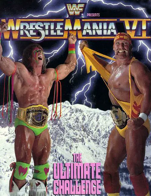 #WrestleMania   VI-4/1/90-The #UltimateChallenge 
Toronto's SkyDome
Attendance-67,678
PPV Buys-550-560,000
Matches/Notes:Title For Title Hogan & Warrior. DiBiase vs Jake Roberts. Macho King/Queen Sherri vs Sapphire/Dusty. Demolition vs Haku/Andre,Tag Titles-#WWF #WWE #WWF1990